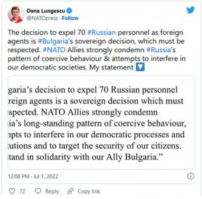НАТО също излезе с позиция по казуса, предизвикал дипломатическо напрежение между София и Москва. 